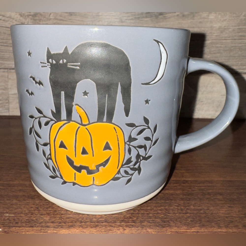 Super Cute 🥰 Black Cat 🐈‍⬛ on a Jack O Lantern Grey Mug  by Prima Design